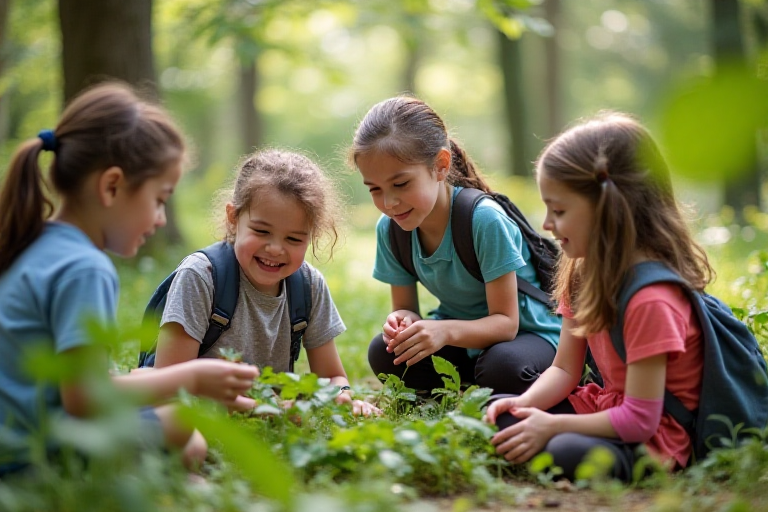 School children participating in an environmental education program, learning about ecology outdoors