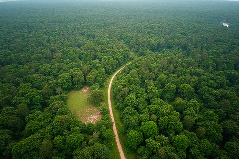 Aerial view of a rainforest restoration project with newly planted areas adjacent to existing forest