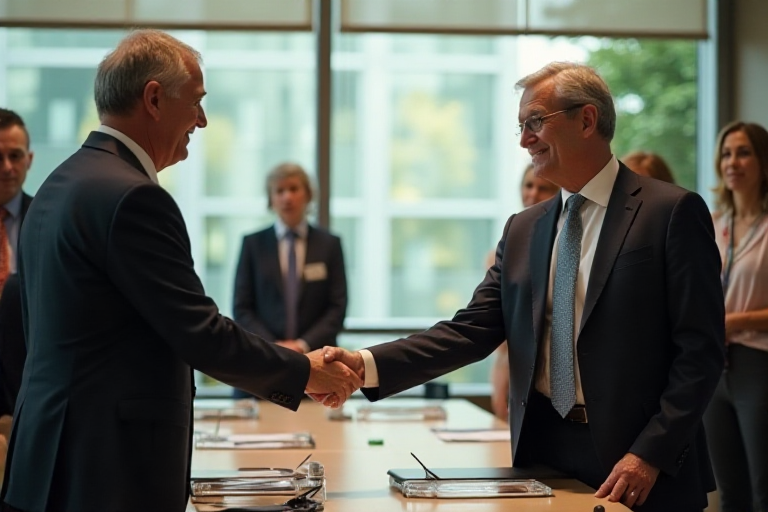 Partnership signing ceremony between GreenEarth Initiative and a major corporation, leaders shaking hands
