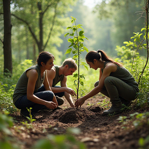 Team of volunteers planting trees in a deforested area, working together in a reforestation effort