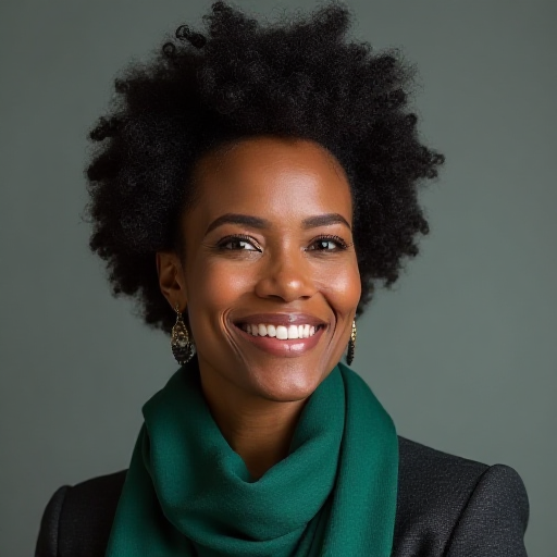 Professional headshot of Dr. Amara Okafor, a Black woman with natural hair and a confident smile, wearing a professional outfit with a green scarf