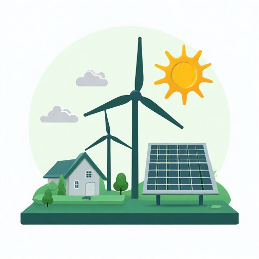 Icon showing renewable energy sources like solar panels and wind turbines