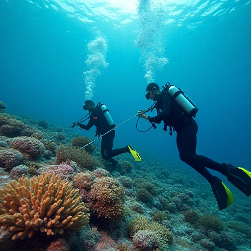 Coral reef restoration efforts with divers planting coral fragments on underwater structures