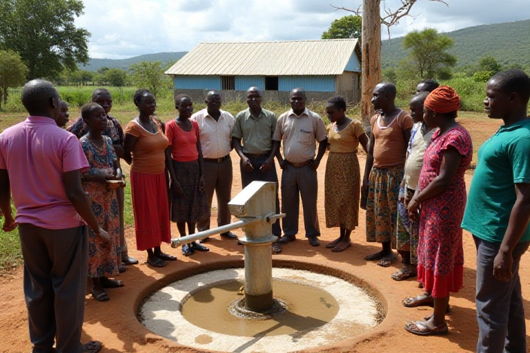 Clean water project showing a newly installed well with community members gathered around